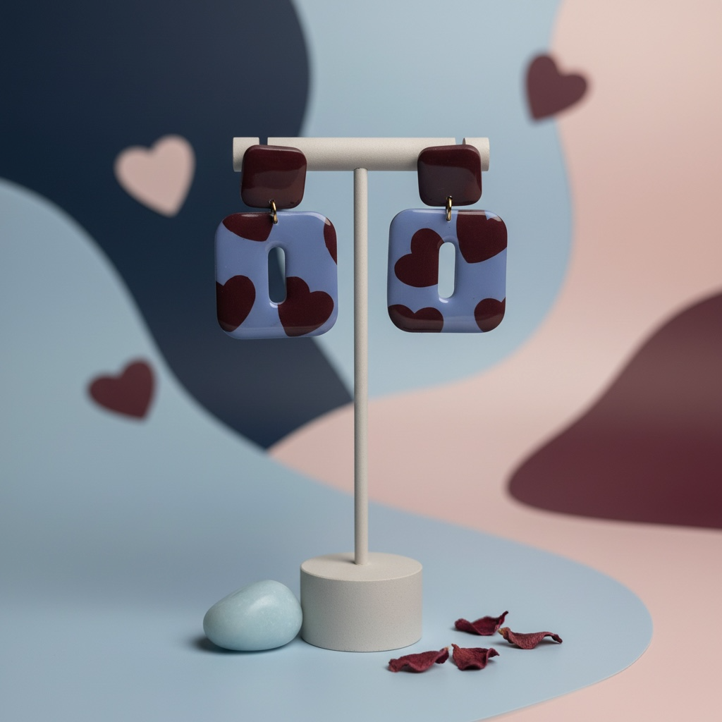 Moderne Statement-Ohrringe in Pastellblau mit bordeauxfarbenem Herzmotiv und glänzender Oberfläche, präsentiert an einem hellen Schmuckständer vor einem abstrakten Hintergrund in Blau- und Rosétönen mit Herzdetails.